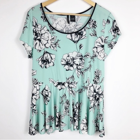 New Directions Womens Large Mint Aqua Black White Floral Flowers Peplum - Picture 1 of 8
